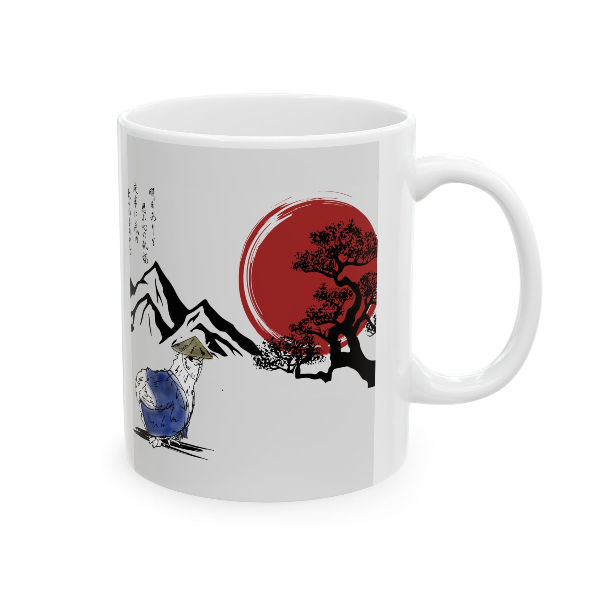 Mug - Sensei Silkie Chicken in Japanese Land with Red Sun and Mountains Design - Perfect Gift for Samurai and Chicken Lovers