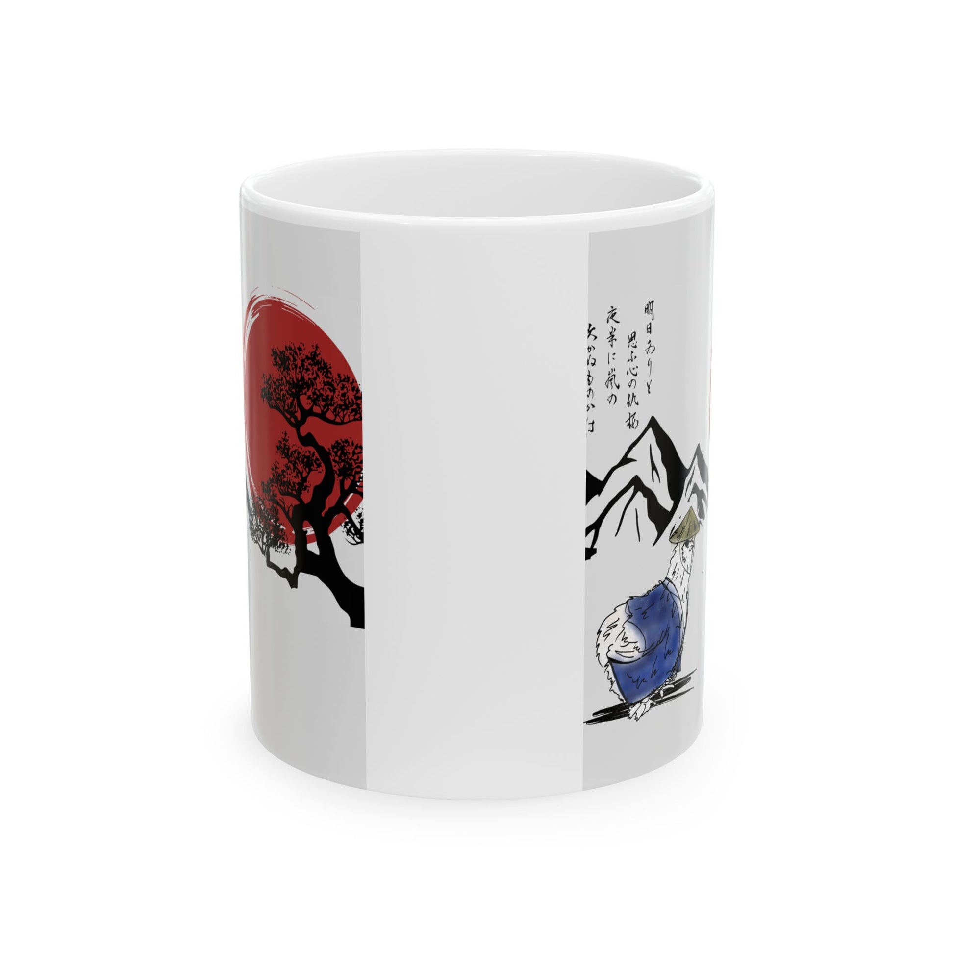 Mug - Sensei Silkie Chicken in Japanese Land with Red Sun and Mountains Design - Perfect Gift for Samurai and Chicken Lovers