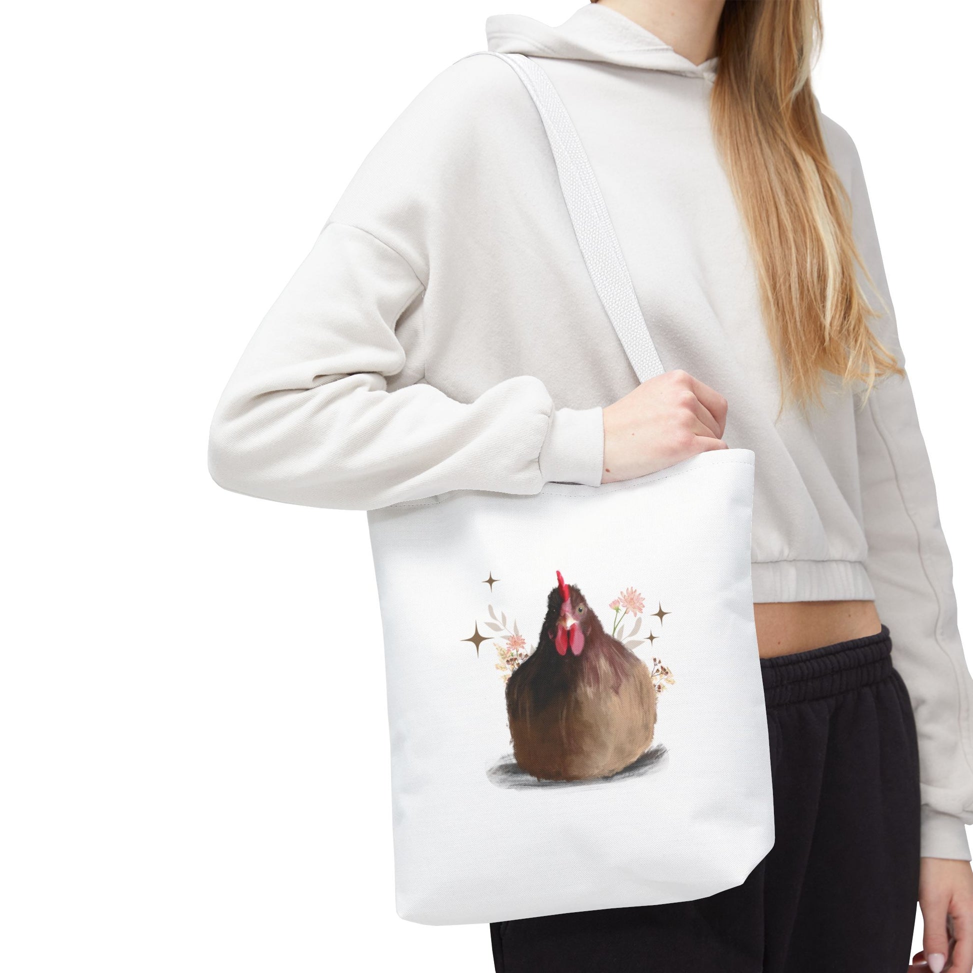 Brown Brooding Hen Cute Chicken Tote Bag - Floral Design for Farm Lovers