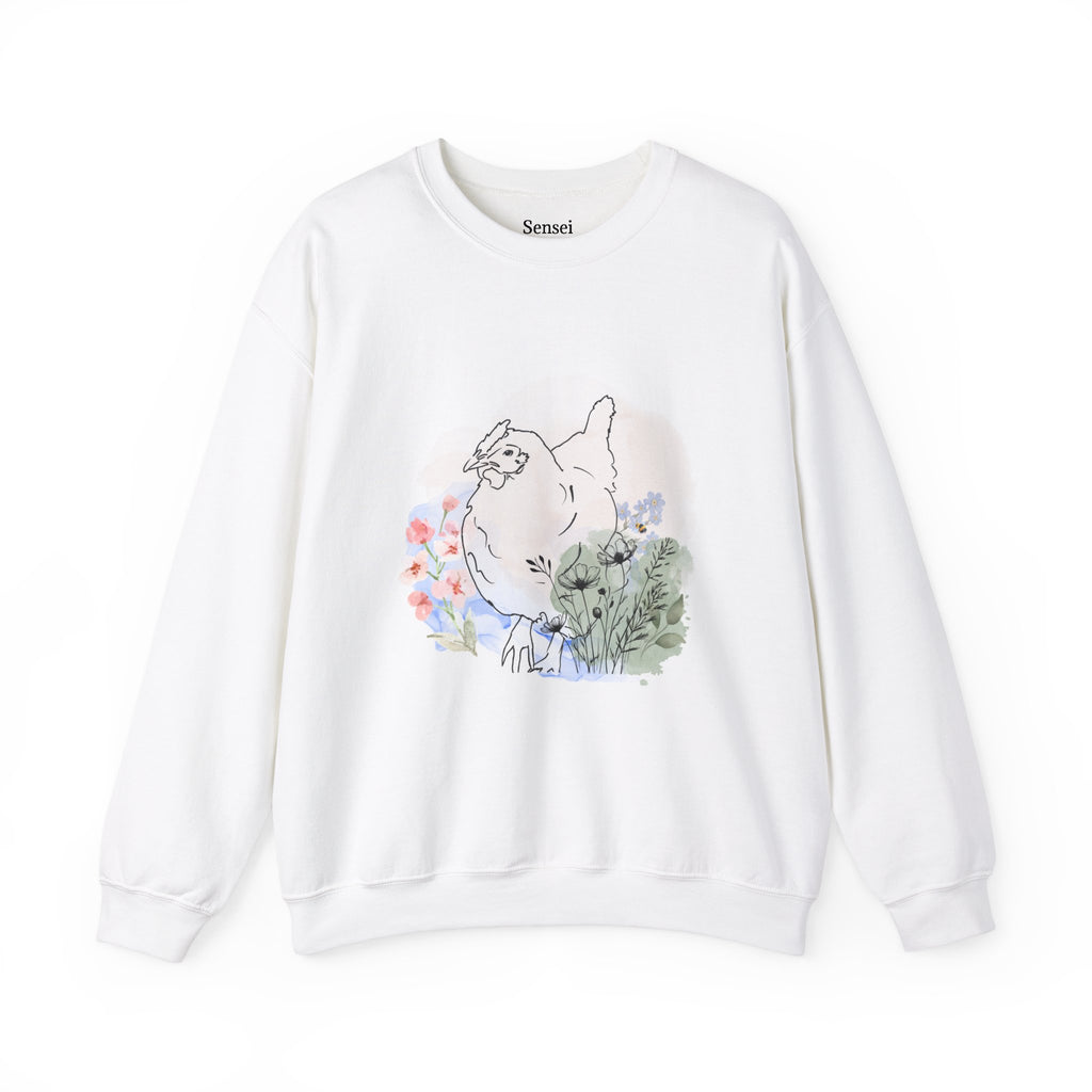 Chicken Crewneck Sweatshirt with Small Flowers and Bee Design