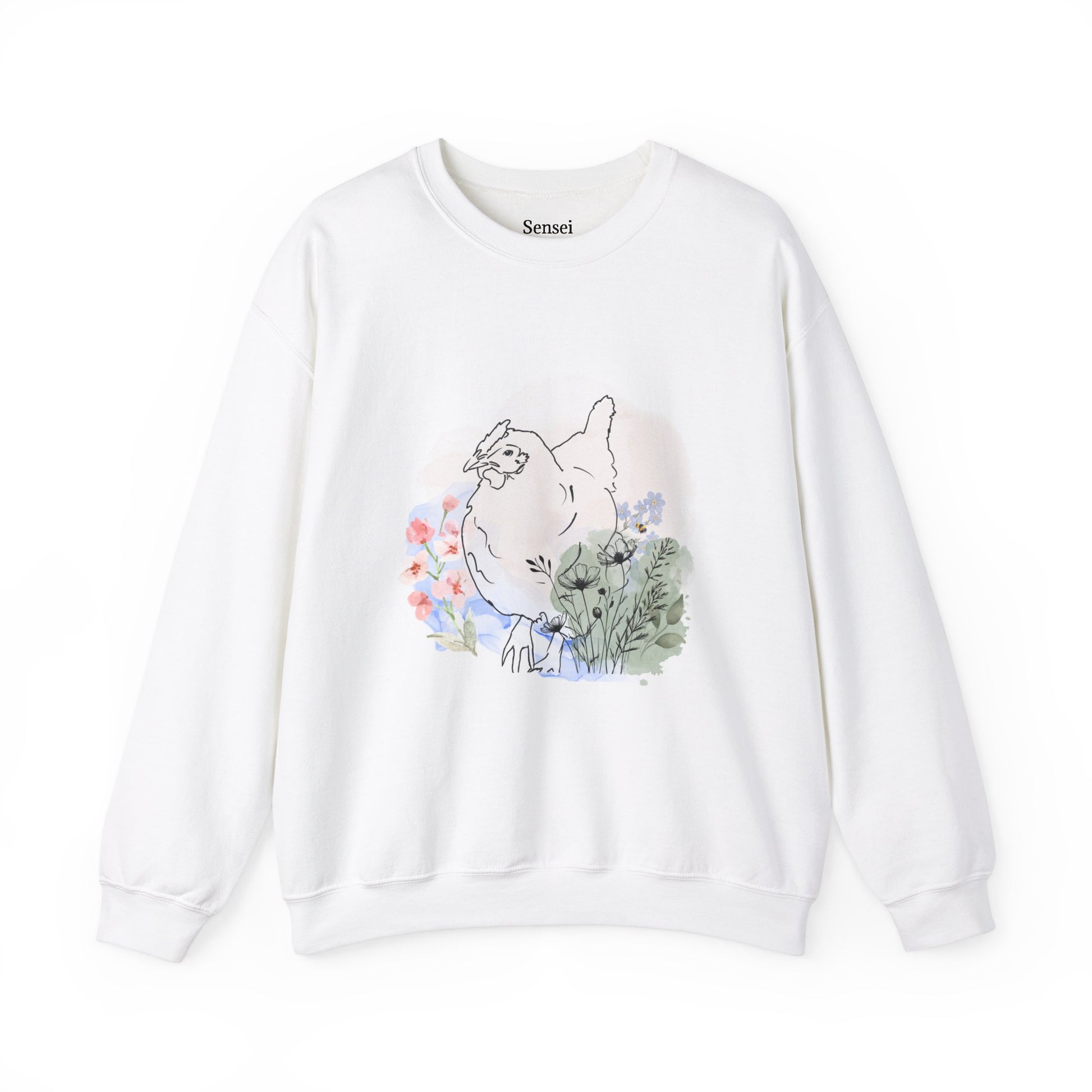 Chicken Crewneck Sweatshirt with Small Flowers and Bee Design