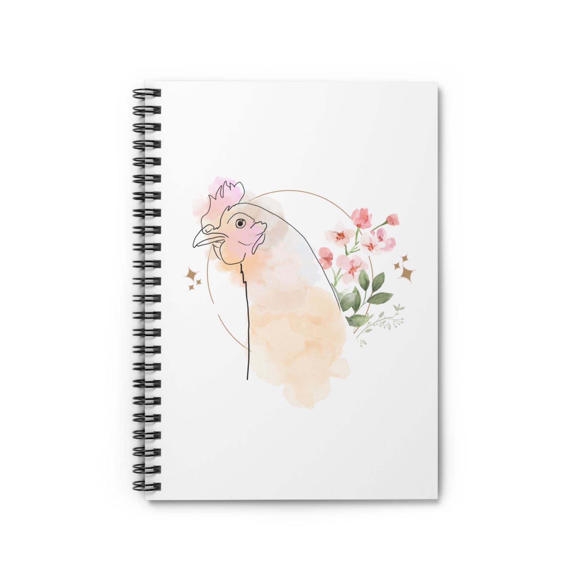 White Spiral Notebook - Pretty Flower with Chicken Design - Ruled Line