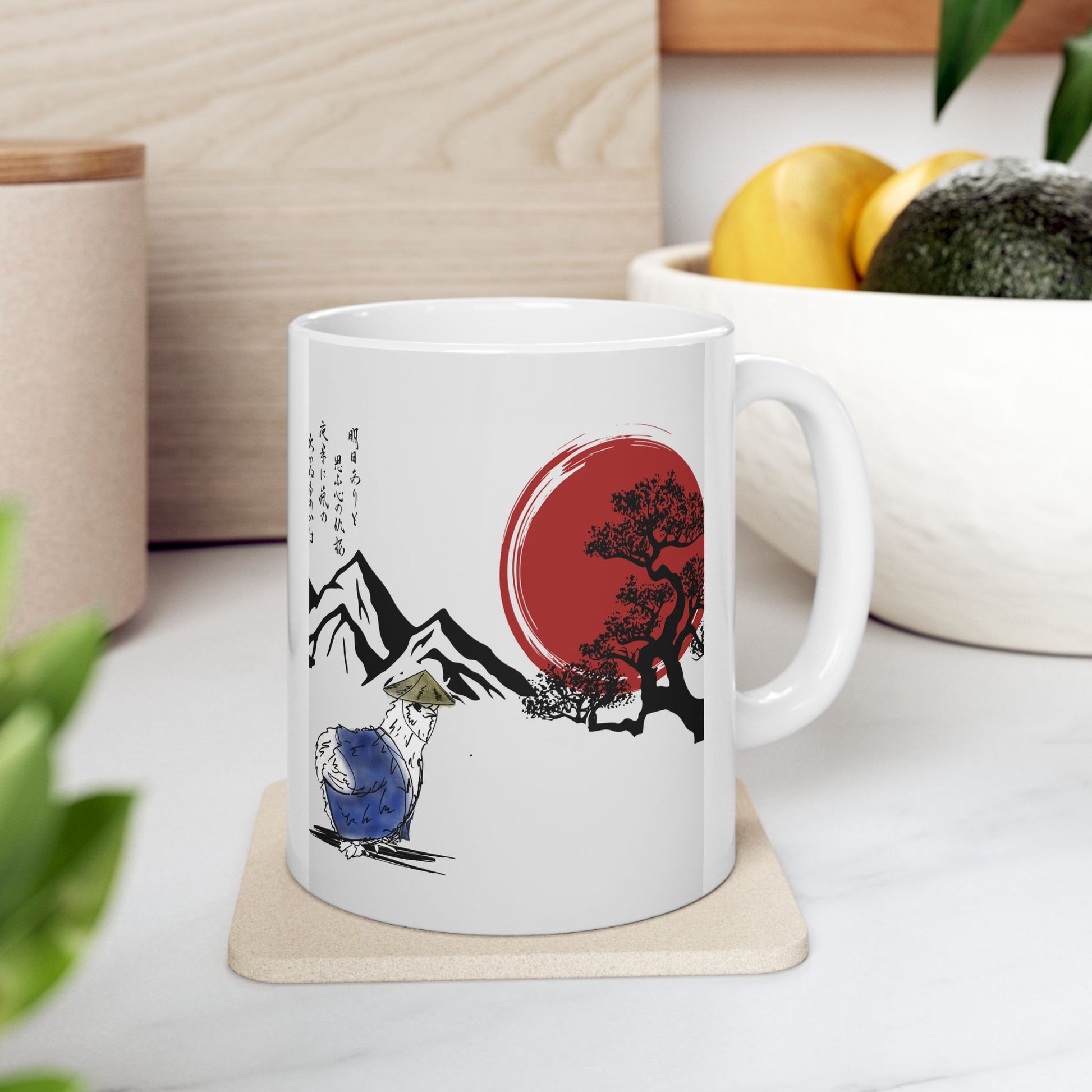 Mug - Sensei Silkie Chicken in Japanese Land with Red Sun and Mountains Design - Perfect Gift for Samurai and Chicken Lovers