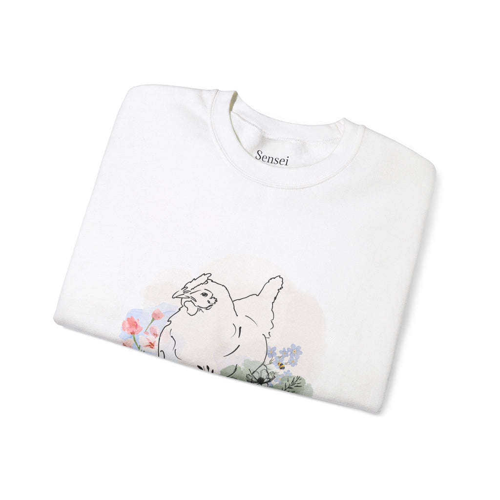 Chicken Crewneck Sweatshirt with Small Flowers and Bee Design