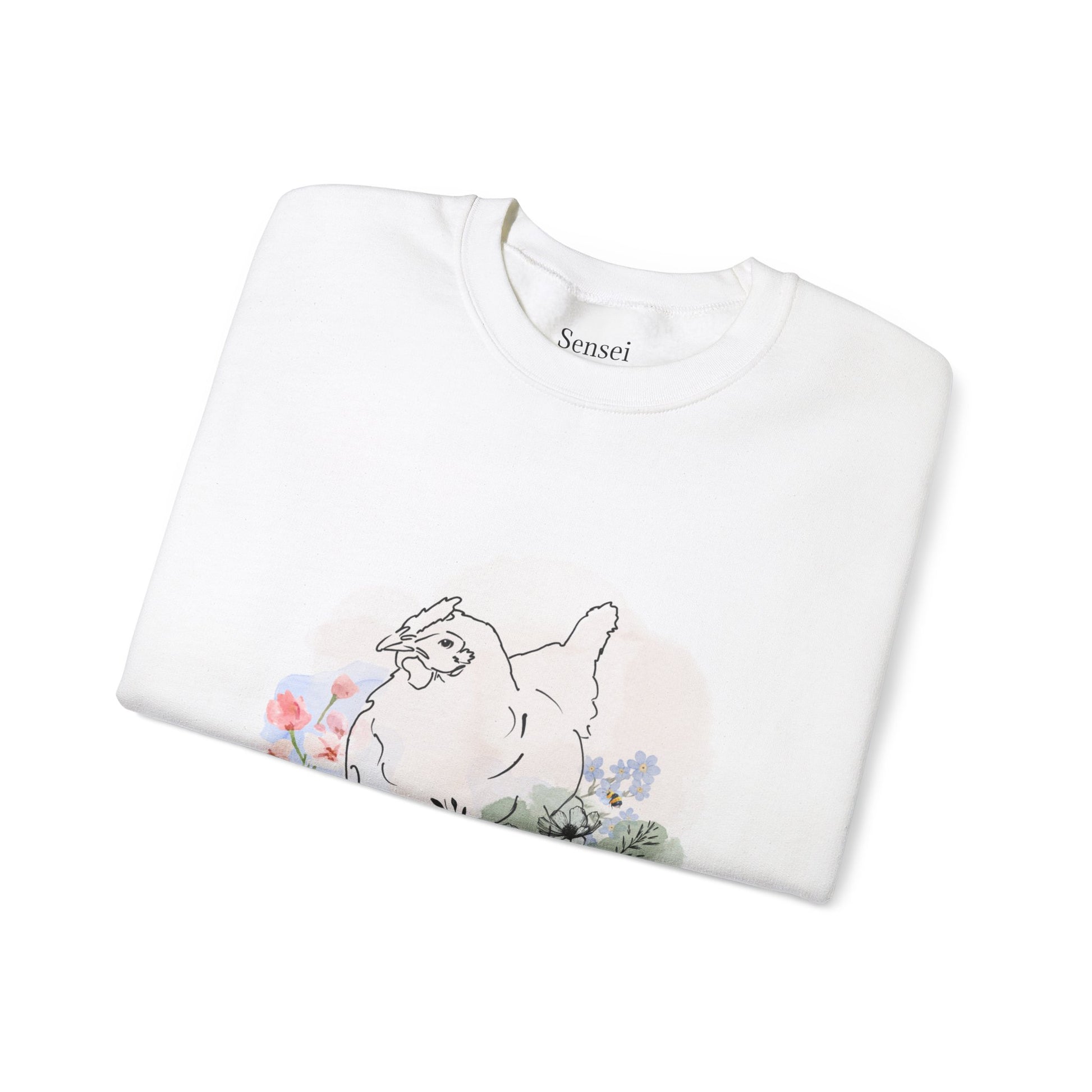 Chicken Crewneck Sweatshirt with Small Flowers and Bee Design