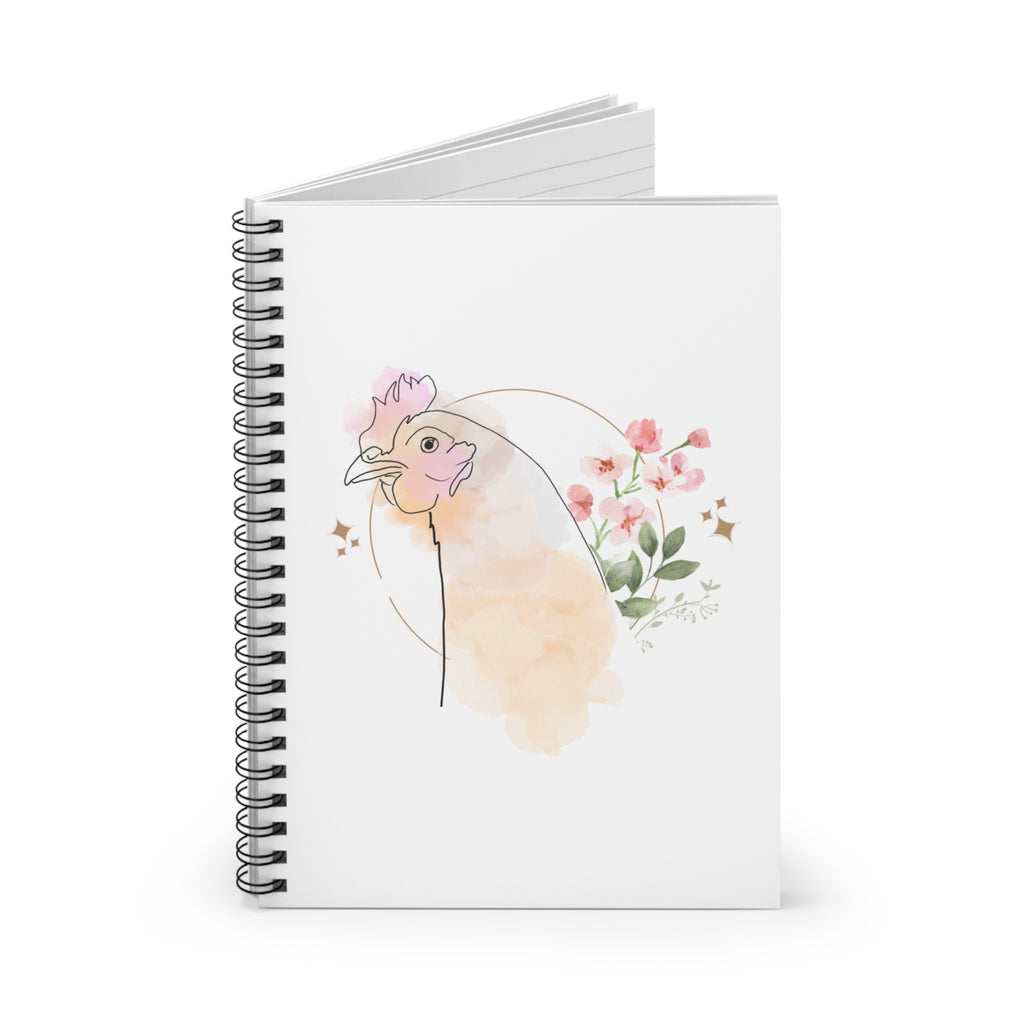 White Spiral Notebook - Pretty Flower with Chicken Design - Ruled Line