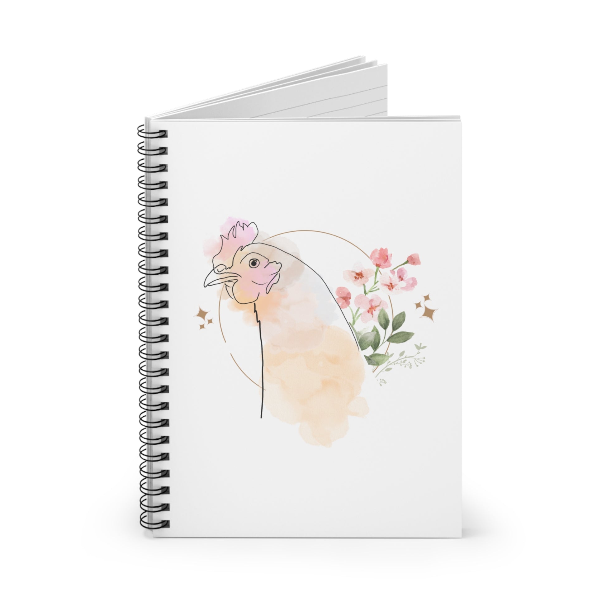 White Spiral Notebook - Pretty Flower with Chicken Design - Ruled Line