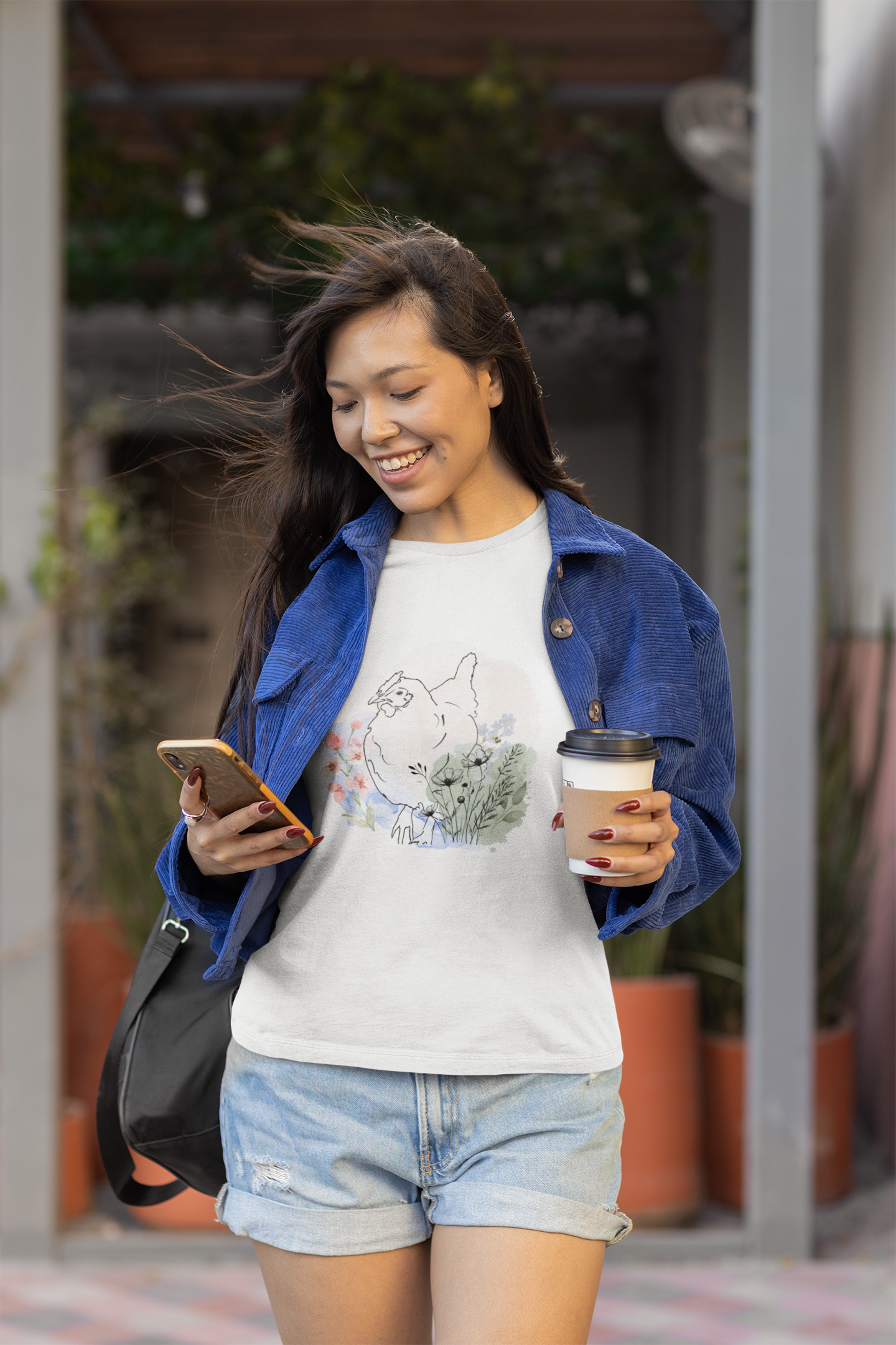 Chicken Tee with Flowers and Bee Design
