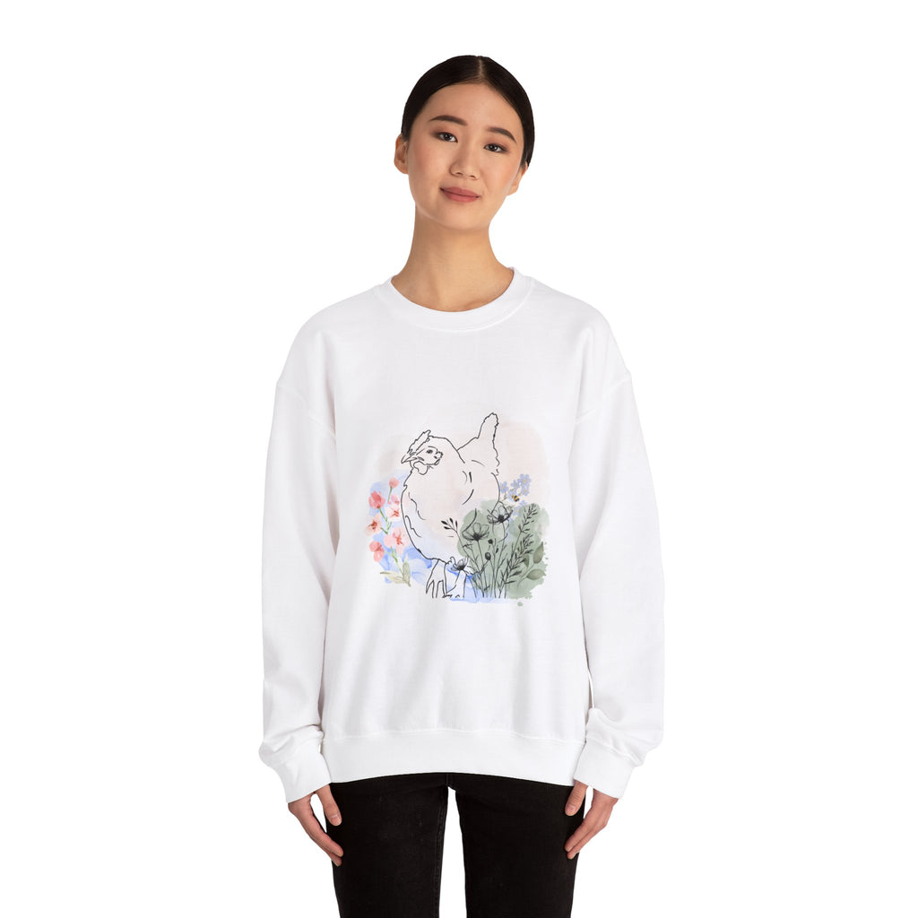 Chicken Crewneck Sweatshirt with Small Flowers and Bee Design