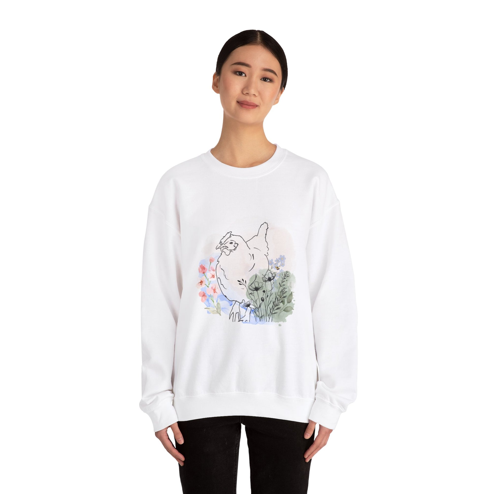 Chicken Crewneck Sweatshirt with Small Flowers and Bee Design