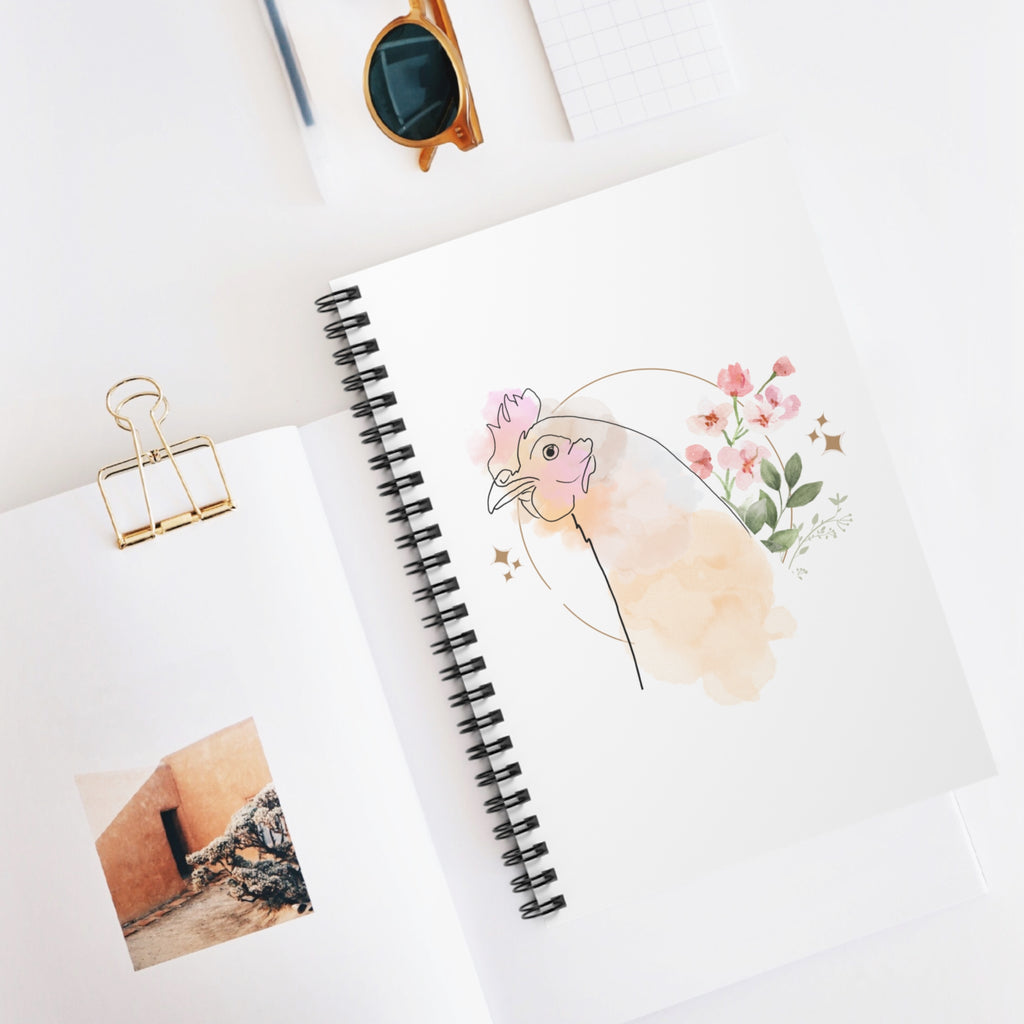 White Spiral Notebook - Pretty Flower with Chicken Design - Ruled Line