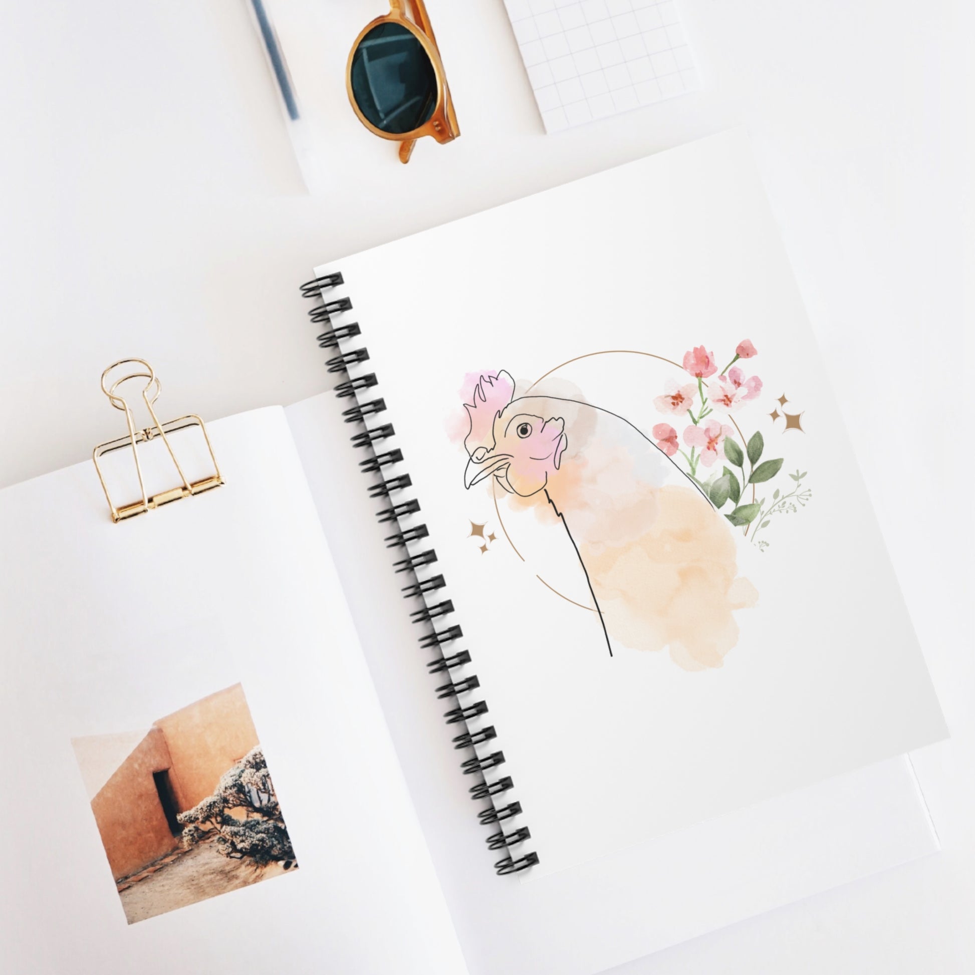 White Spiral Notebook - Pretty Flower with Chicken Design - Ruled Line