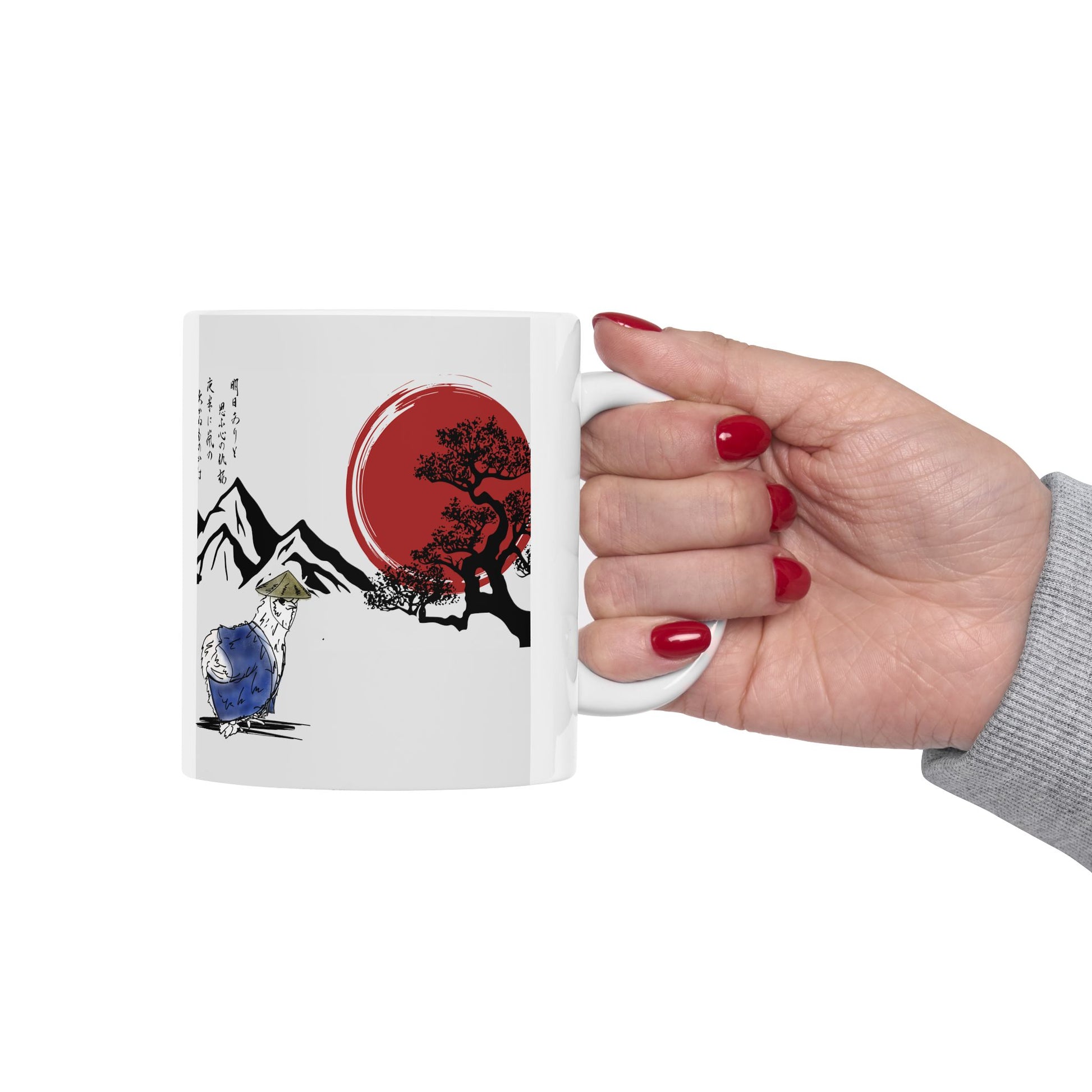 Mug - Sensei Silkie Chicken in Japanese Land with Red Sun and Mountains Design - Perfect Gift for Samurai and Chicken Lovers