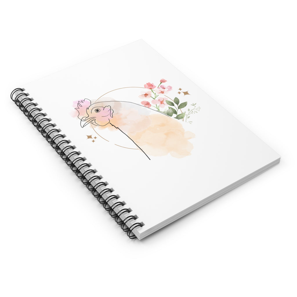 White Spiral Notebook - Pretty Flower with Chicken Design - Ruled Line