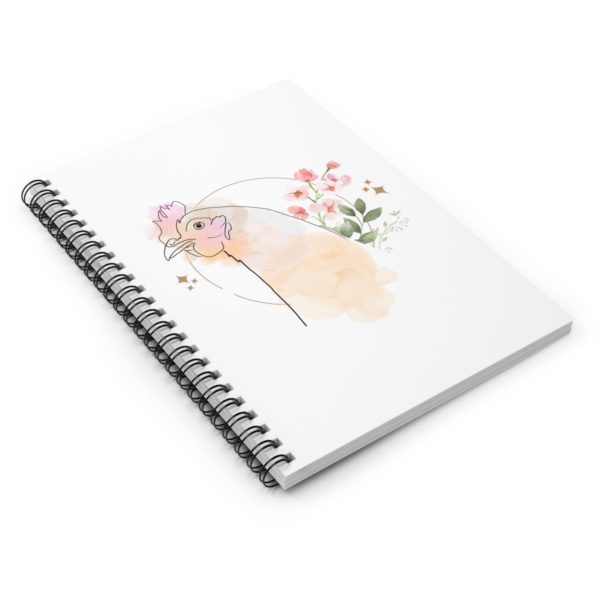 White Spiral Notebook - Pretty Flower with Chicken Design - Ruled Line