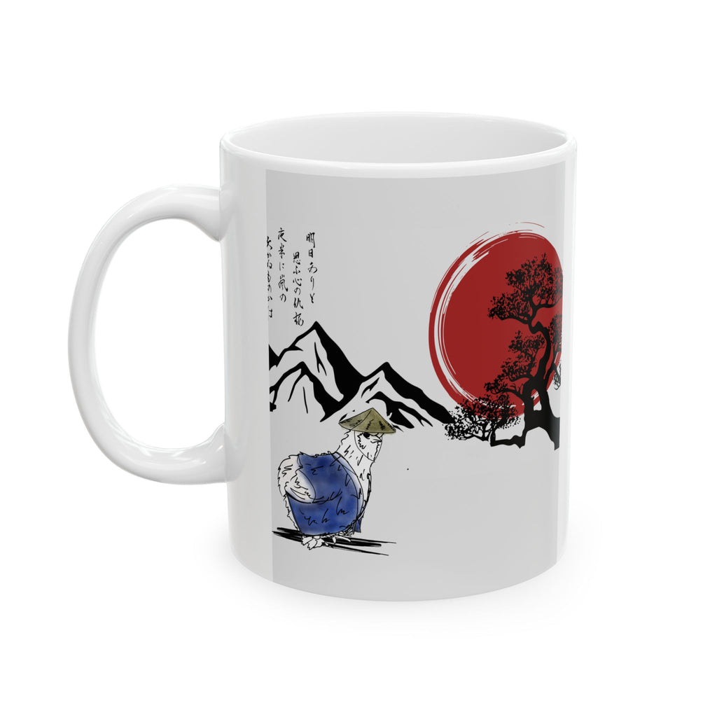Mug - Sensei Silkie Chicken in Japanese Land with Red Sun and Mountains Design - Perfect Gift for Samurai and Chicken Lovers