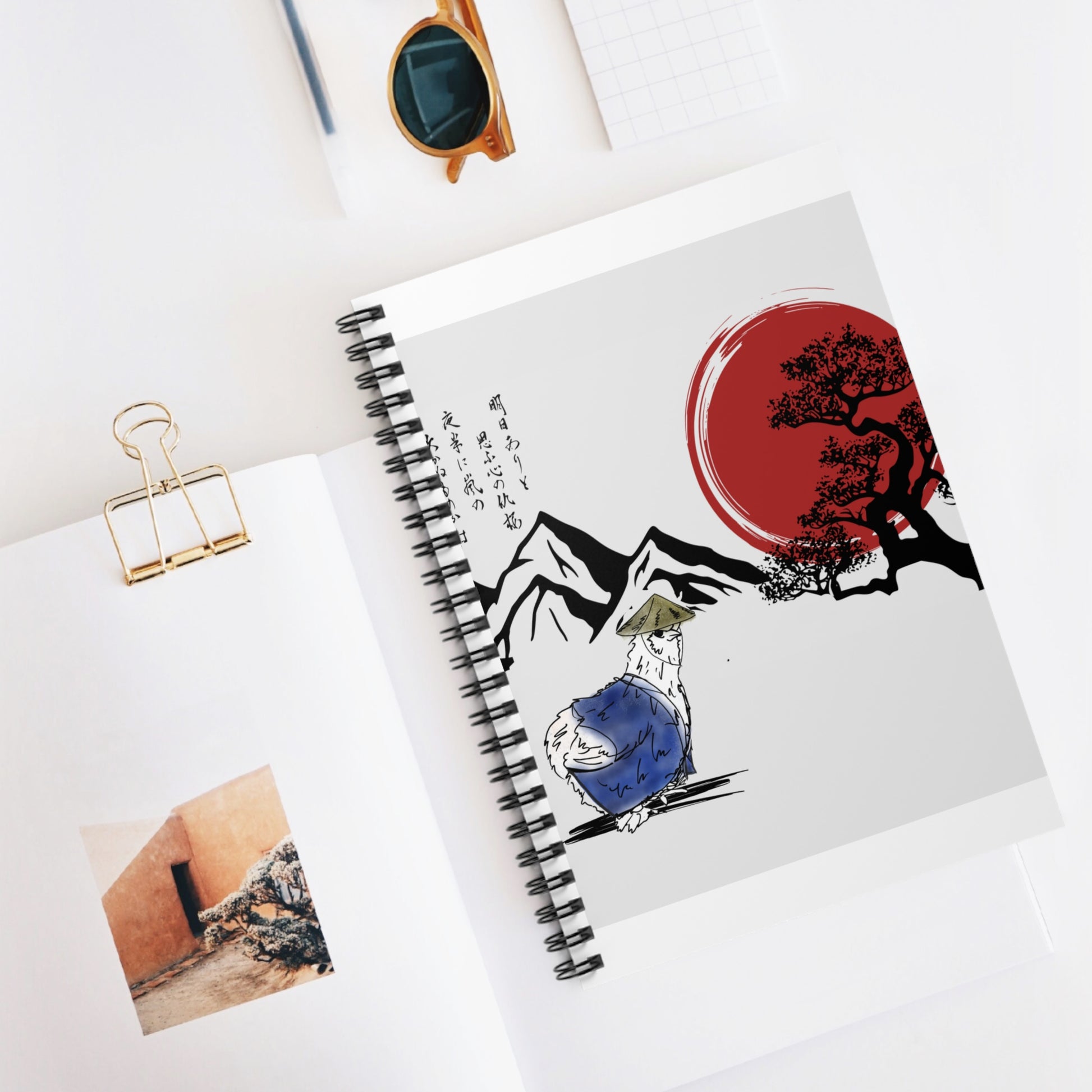 Spiral Notebook - Silkie Chicken Sensei Samurai Red Sun Mountains Gift for Chicken and Animal Lovers