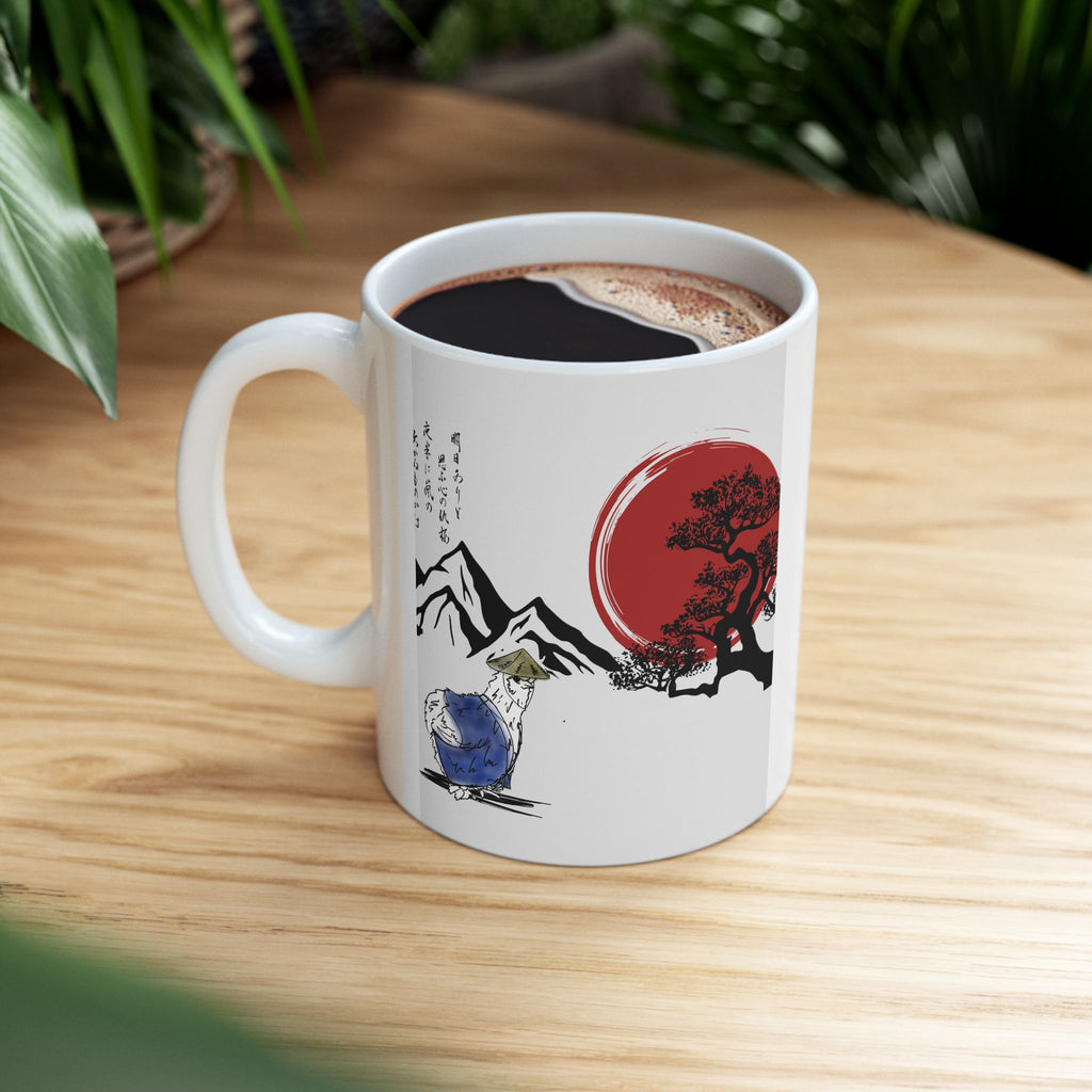 Mug - Sensei Silkie Chicken in Japanese Land with Red Sun and Mountains Design - Perfect Gift for Samurai and Chicken Lovers