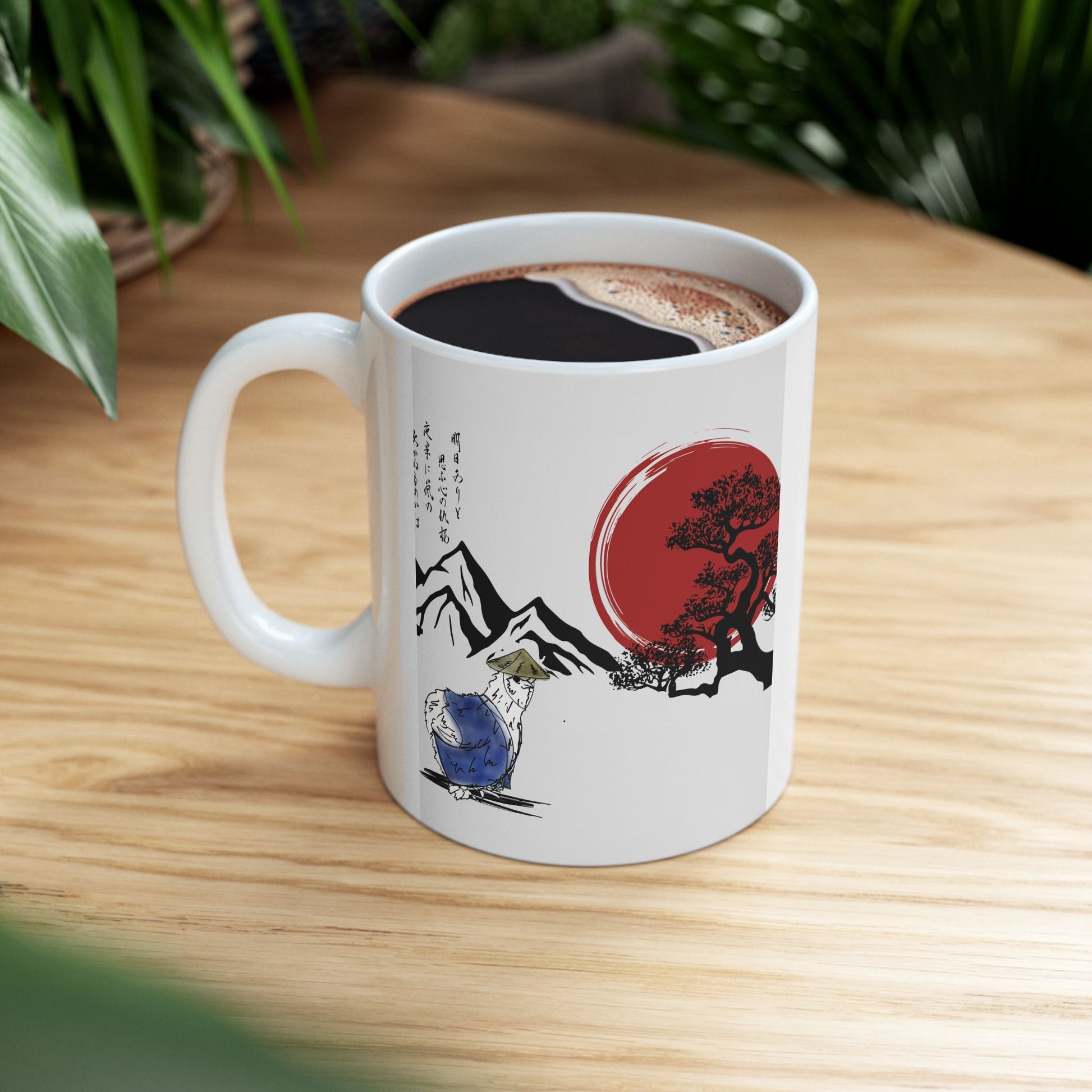 Mug - Sensei Silkie Chicken in Japanese Land with Red Sun and Mountains Design - Perfect Gift for Samurai and Chicken Lovers