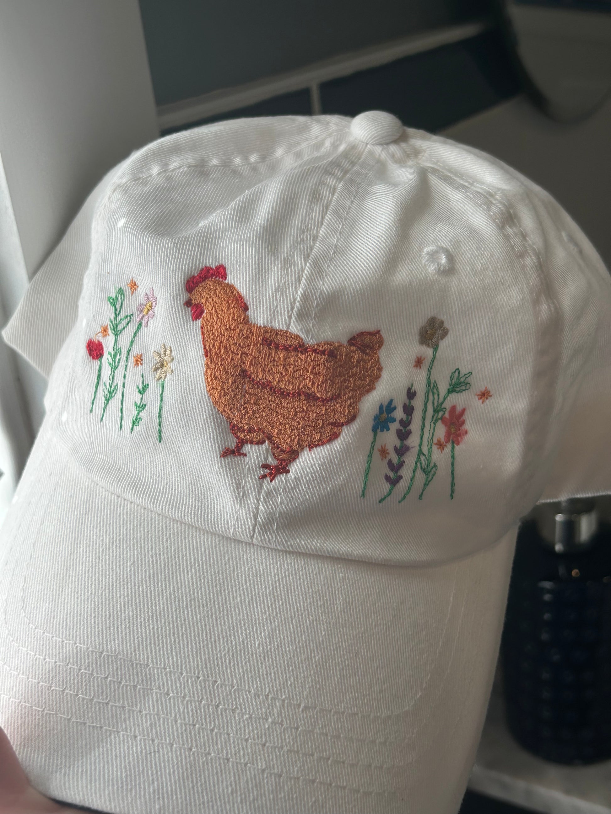 chicken embroidery on cap