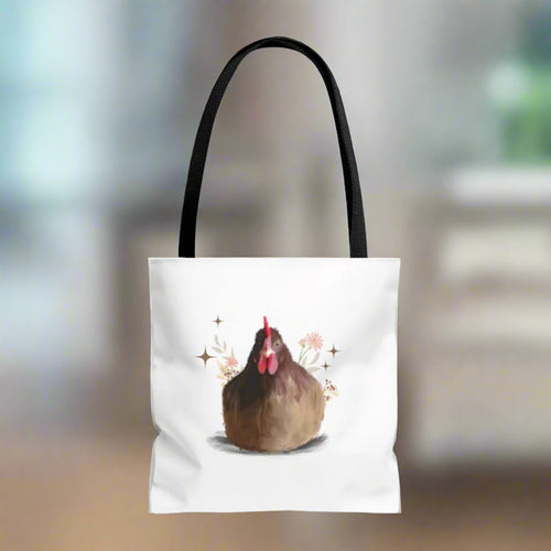 Brown Brooding Hen Cute Chicken Tote Bag - Floral Design for Farm Lovers